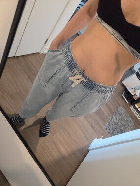 Light Wash Acid Wash Style Denim Joggers with Drawstring Waist